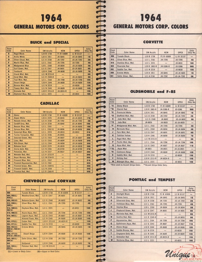 1964 General Motors Paint Charts Williams 6